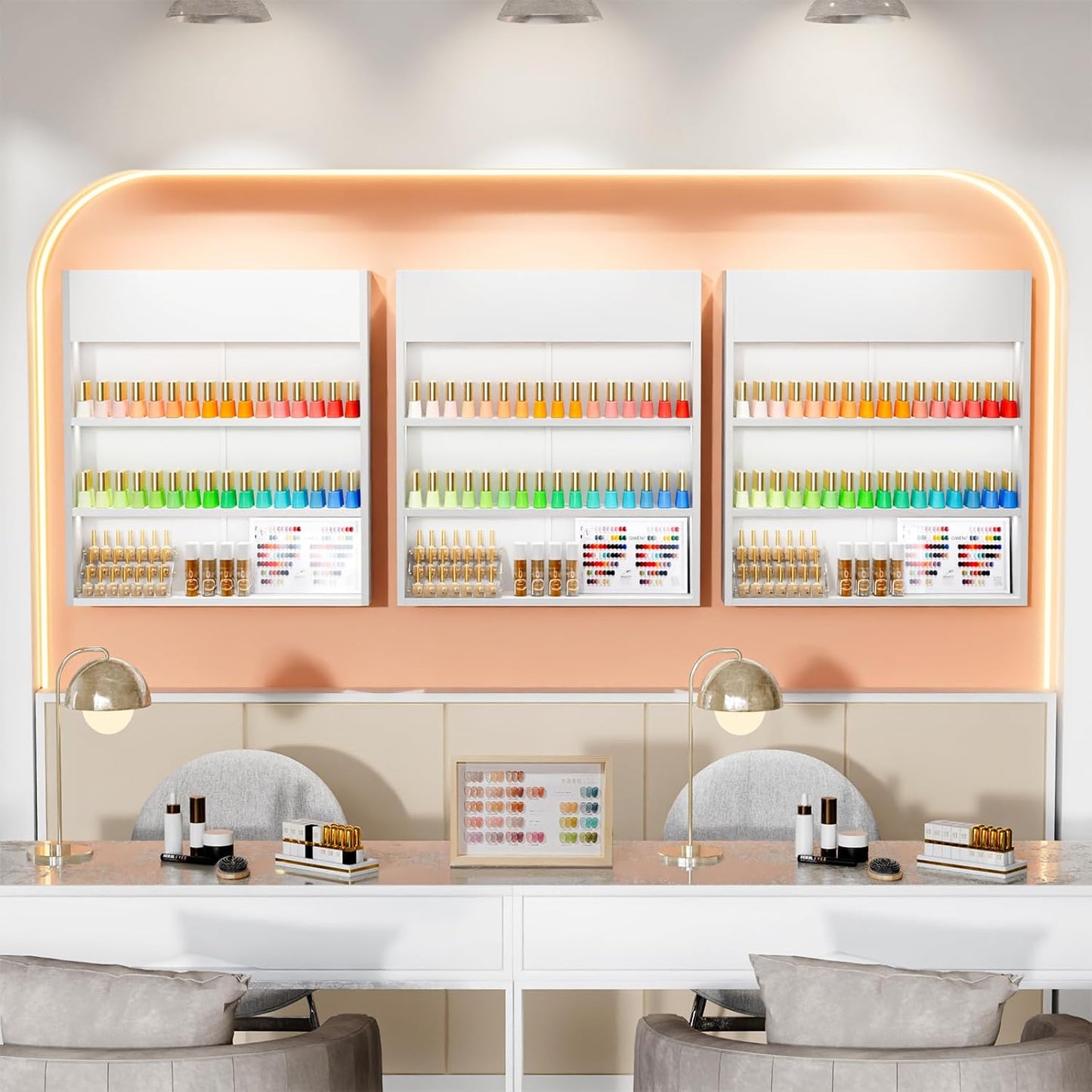 OmySalon Wall Mounted Display Rack, 32-Inch 3-Tier LED Nail Polish Organizer Shelf with USB Touch Control, for Nail Salon, Spa, Beauty Studio Storage, Wooden Retail Display (White)