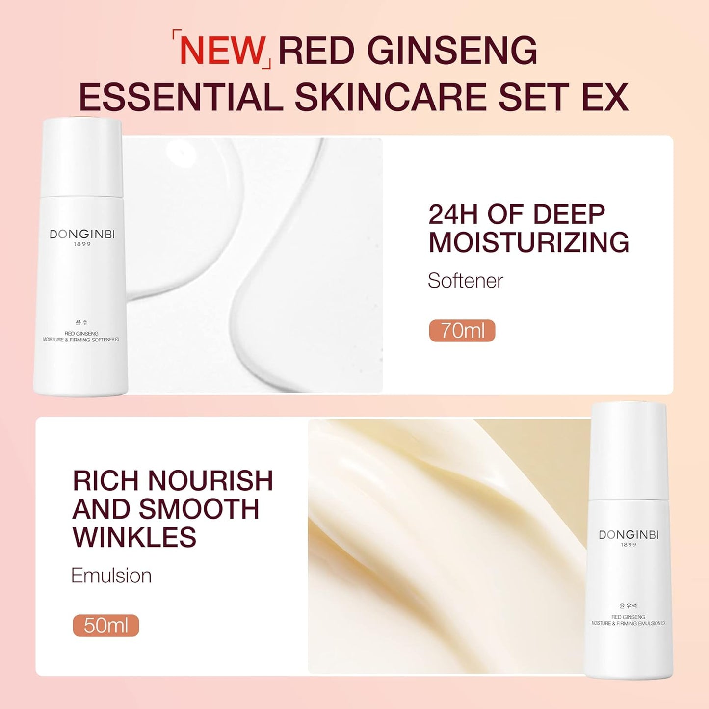 Donginbi Red Ginseng Essential Skin Care Set - Firming Moisturizer(1.69 floz), Hydrating Toner(2.37 floz), Korean Red Ginseng Essence(2.37 floz), Pore Cleaner(1.69 floz), Korean Skin Care