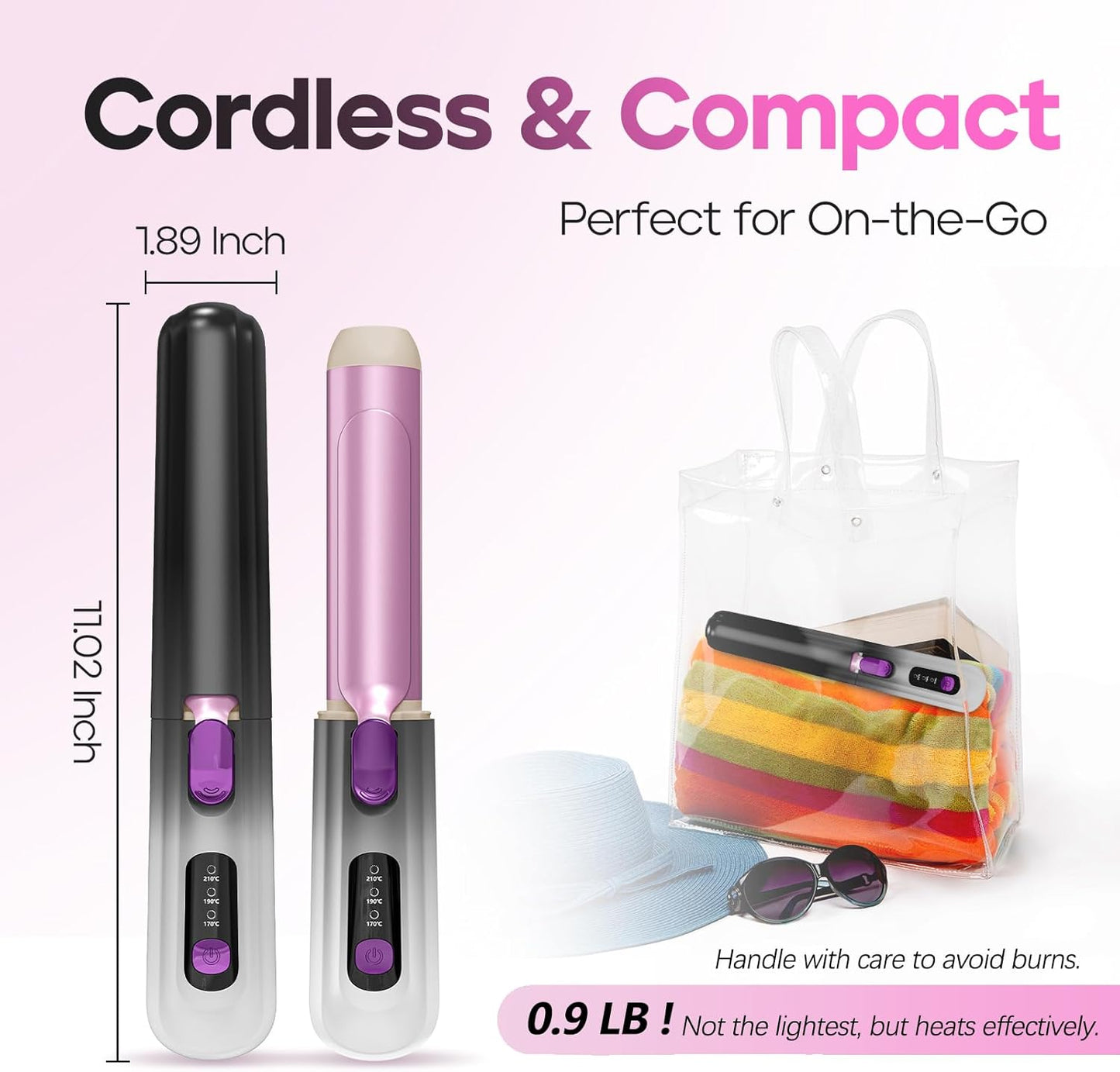 Youbella Cordless Curling Iron, 8000mAh Travel Hair Curler, Portable Heated Wand with Protective Cover & Gloves, USB Rechargeable for Big Waves, 1.35” Wireless Hair Styling Tool, Negative Ions, Gray
