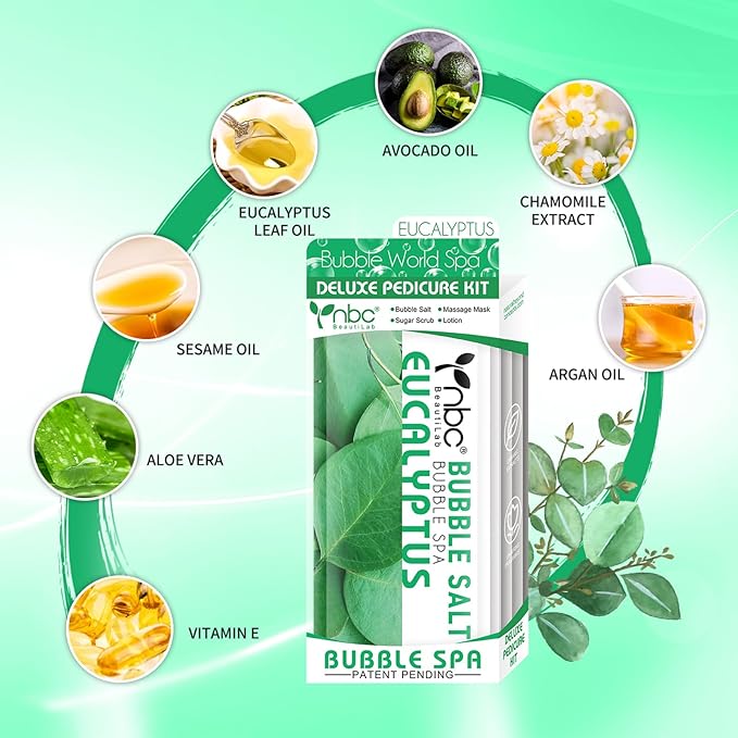 Pedicure Kit Foot Soak Set: Bubble Salt, Sugar Scrub, Massage Mask, Massage Lotion in a Box, 4 Step Foot Spa Kit for Dry Feet,Tired Feet (1 Set Eucalyptus)