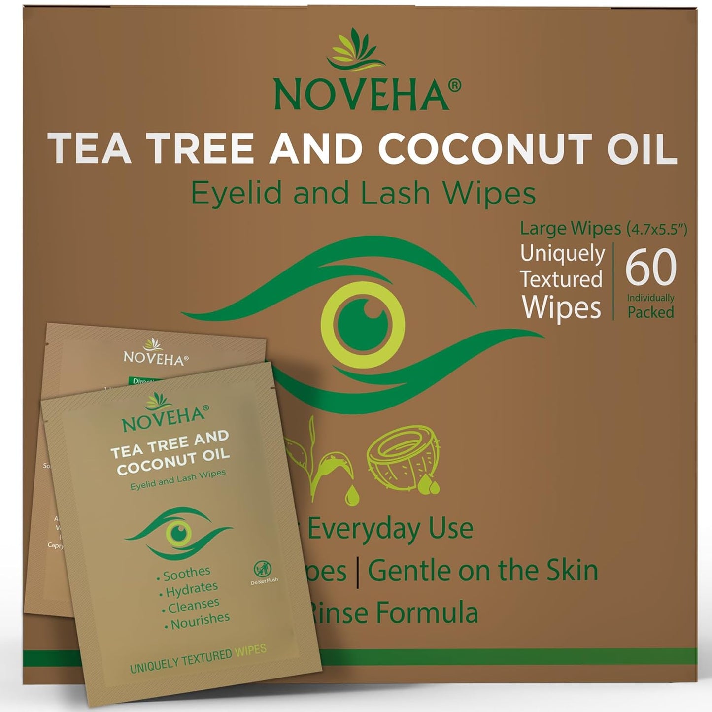 NOVEHA 60PCs Tea Tree & Coconut Oil Eyelid & Lash Wipes - For Demodex, Blepharitis & Itchy Eyes, Individually Wrapped Eyelash Wipes With Aloe Vera, Natural Makeup Remover & Daily Eye Cleanser