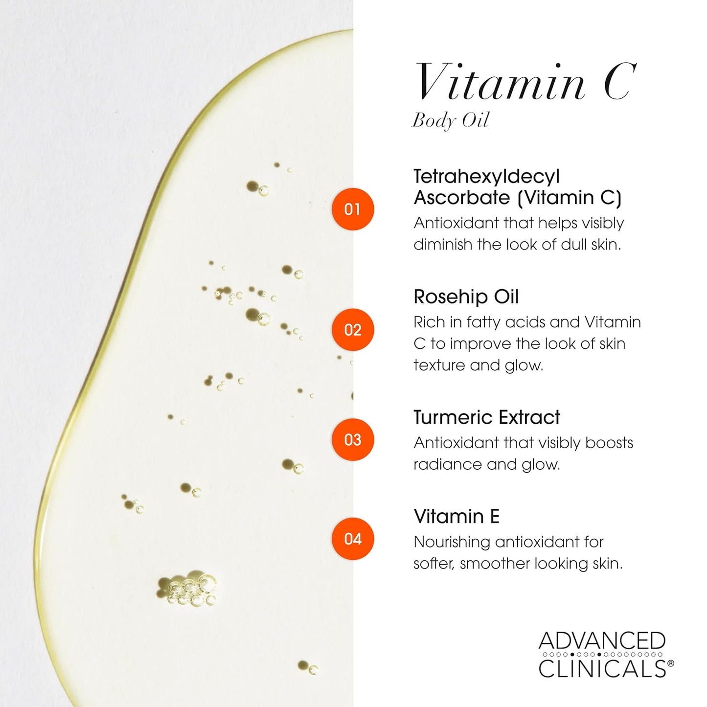 Advanced Clinicals Vitamin C Brightening Body Oil For Women & Men | Vitamin C Glow Oil Skin Care Body Moisturizer With Vitamin E + Botanicals To Help Improve Look Of Dark Spots + Dry Skin, 12 Fl Oz
