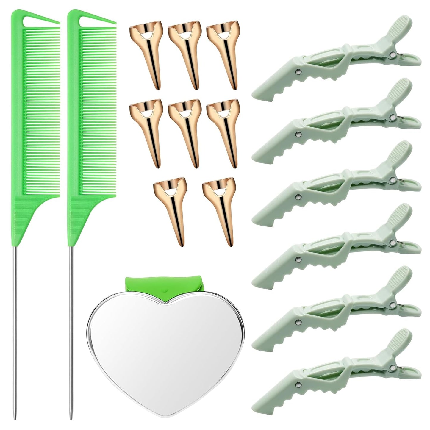 17 Pieces Hair Parting Tools Set Heart, Included 8P Hair Parting Ring 2P Metal Rat Tail Comb 6P Hair Sectioning Clip with 1P Magnetic Wrist Sewing Pin Holder for Braiding (Green)