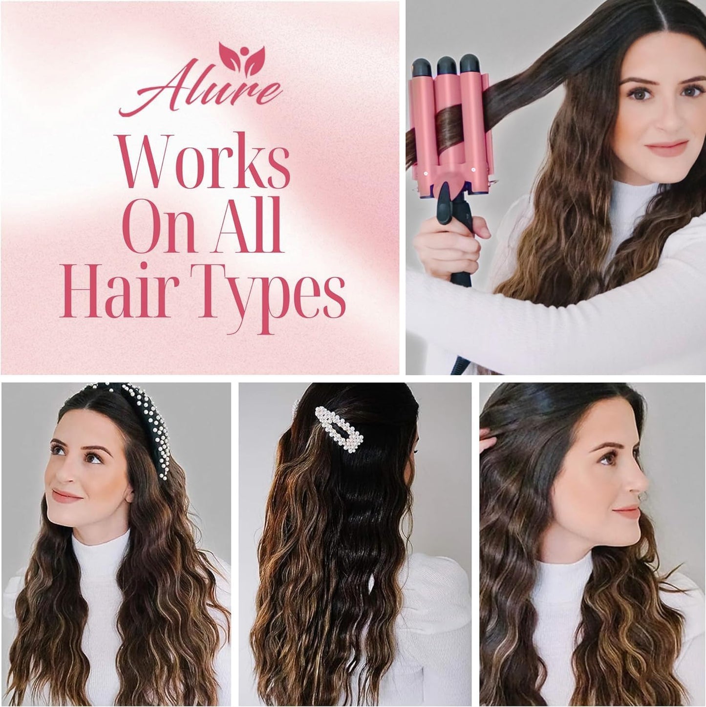 Alure Three Barrel Curling Iron Wand Hair Waver with LCD Temperature Display - 1 Inch Ceramic Tourmaline Triple Barrels, Dual Voltage Crimp (Rose Gold)