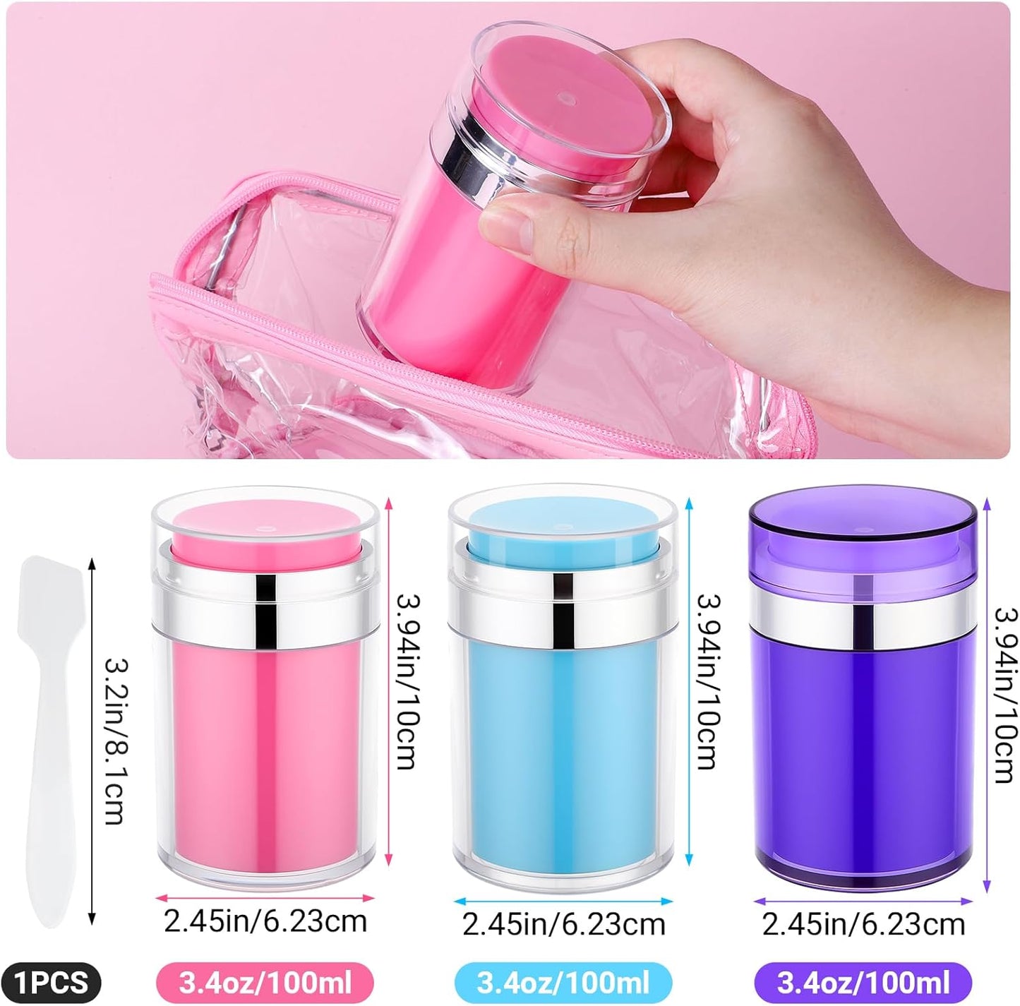 Segbeauty Airless Jar 3.4oz Travel Bottles for Toiletries, 3pcs Empty Travel Containers for Liquids, 100ml Refillable Lotion Pump Jars Toiletry Bottle, Plastic Vacuum Makeup Cream Containers with Pump