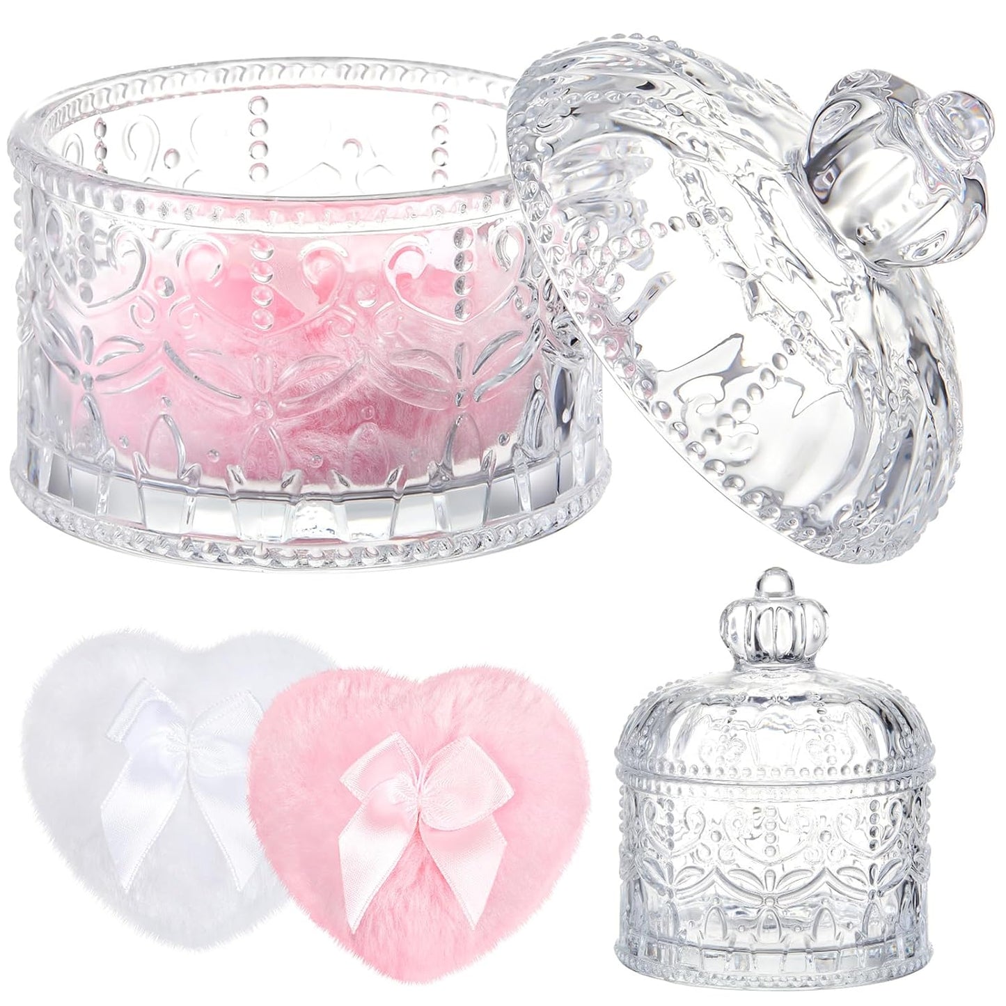 Tioncy 3 Pcs Large Body Powder Puff and Container Powder Container with Puff Crystal Case Soft Washable Reusable Velour Face Body Glitter Wet Dry Makeup(Crown,Clear)