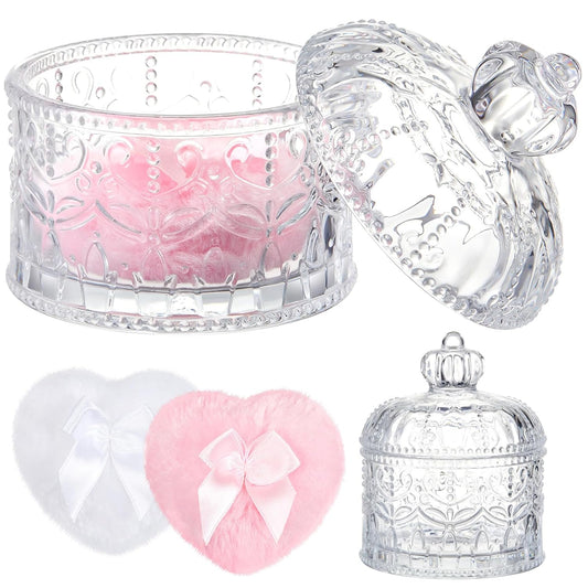 Tioncy 3 Pcs Large Body Powder Puff and Container Powder Container with Puff Crystal Case Soft Washable Reusable Velour Face Body Glitter Wet Dry Makeup(Crown,Clear)