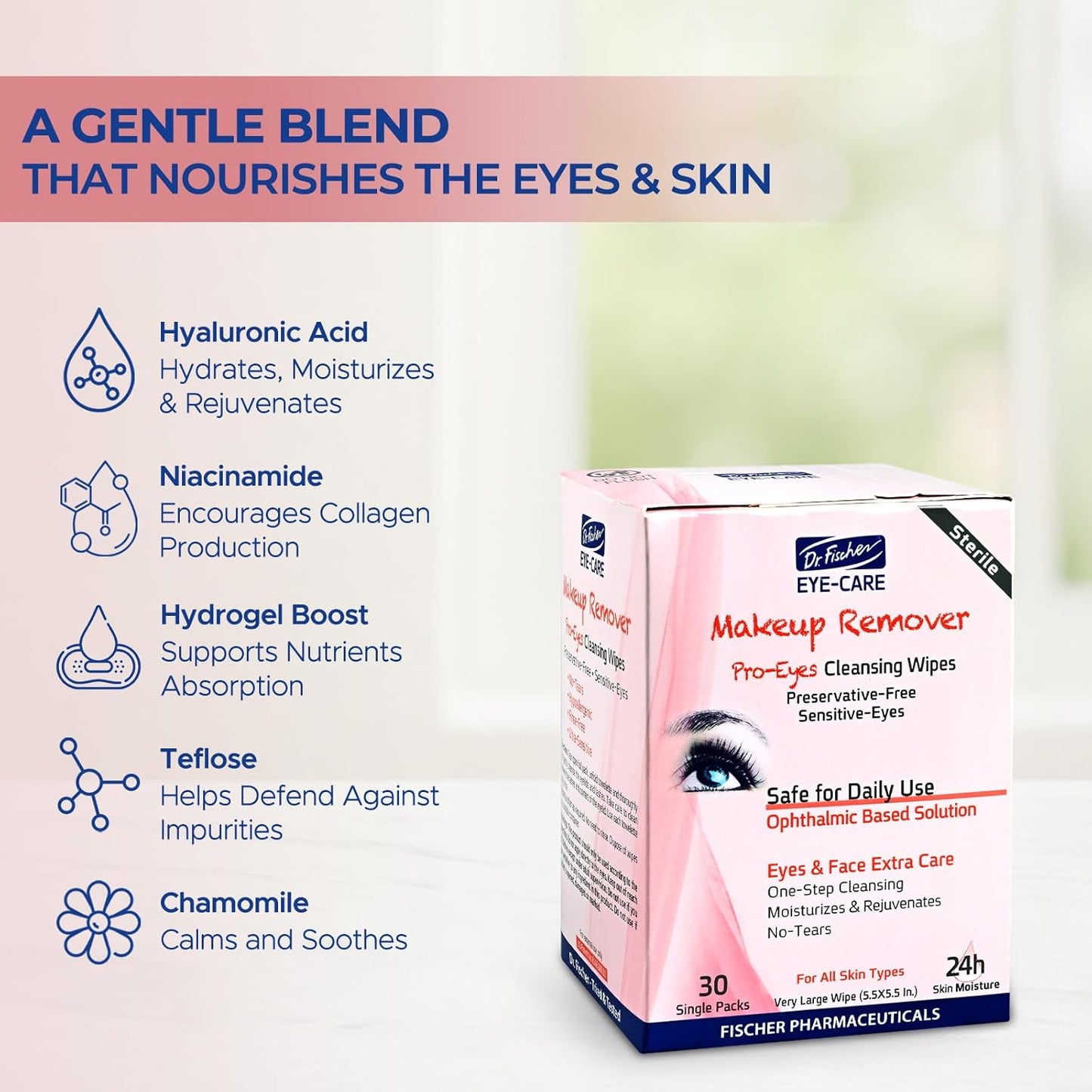 Dr. FIscher Makeup Remover Wipes - Sensitive Skin Formula, Individually Sealed, No Rinse, Eyes and Face Safe (30)