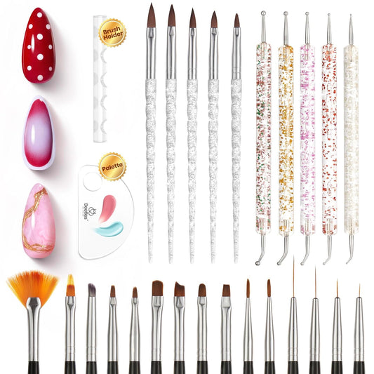 Beetles Nail Art Brushes 25pcs - Confetti Nail Art Pens Daul Ended Dotting Tools Striping Liner Brushes for Nails 3D Flower Sculpting Tools with Palette Brush Holder DIY Home Salon Manicure Design Set