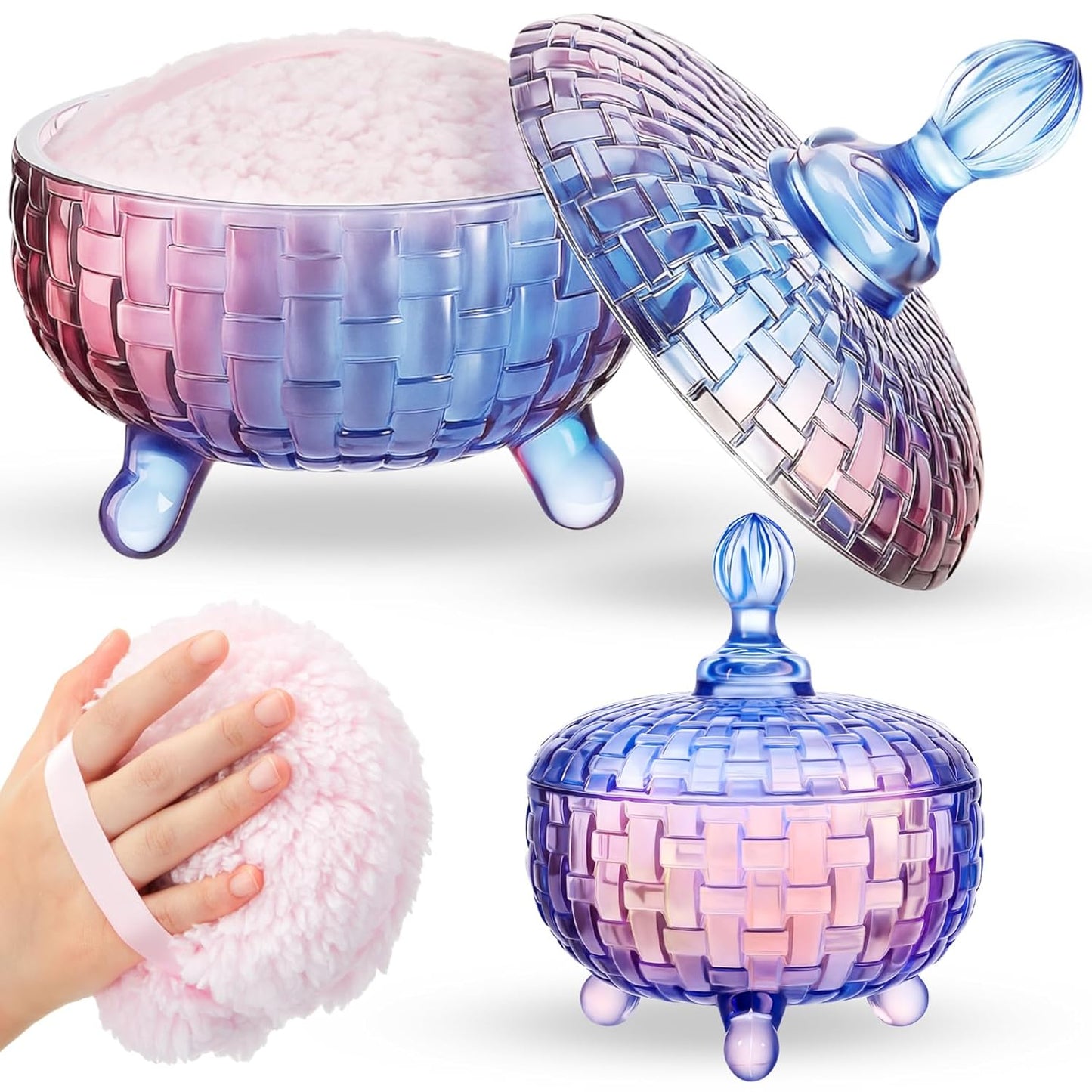 Tioncy 2 Pcs Extra Large Dusting Powder Puff and Container 6'' Body Powder Puff and Crystal Container for Women Soft Washable Reusable Velour Face (Gradient)