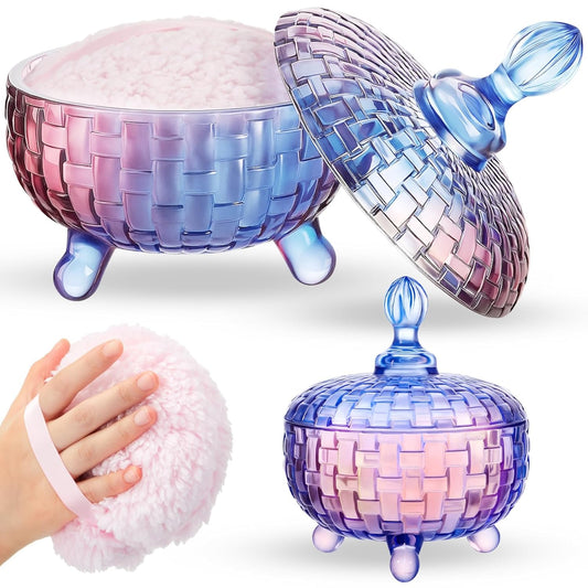Tioncy 2 Pcs Extra Large Dusting Powder Puff and Container 6'' Body Powder Puff and Crystal Container for Women Soft Washable Reusable Velour Face (Gradient)