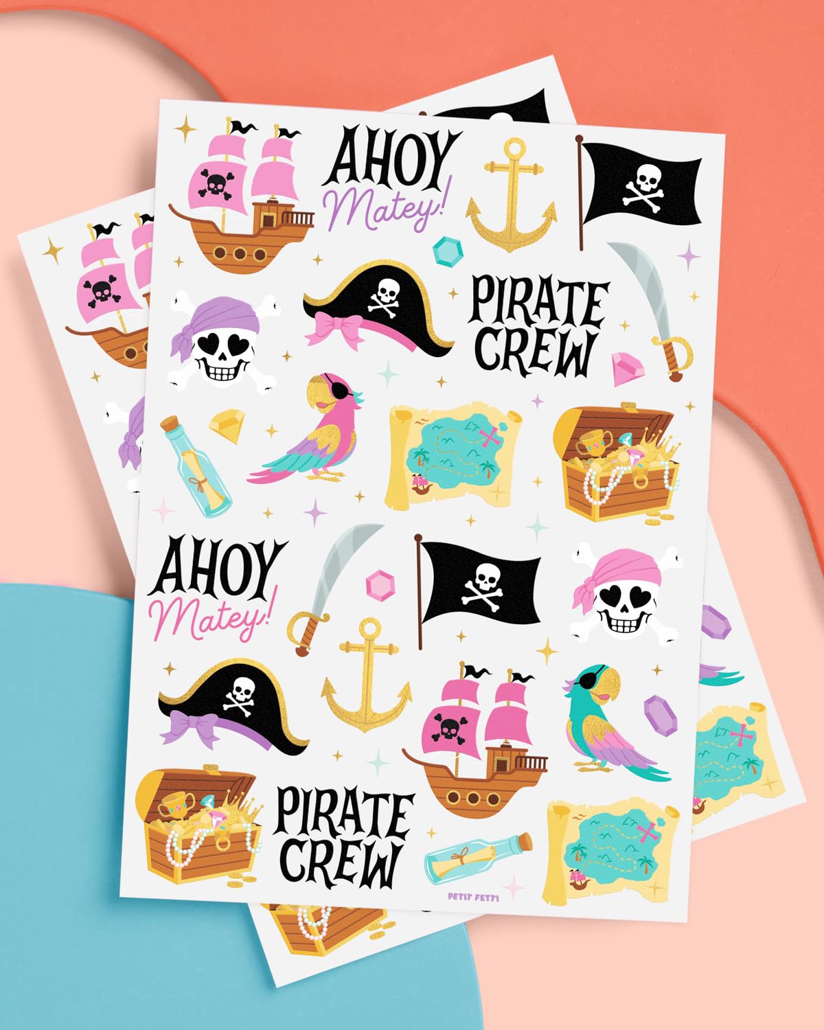 xo, Fetti Pirate Crew Temporary Tattoos - 48 Gold Foil Pcs | Birthday Accessory, Girl Treasure Hunt Decorations, Kids Ahoy Party Favor, Cute Pink Activity