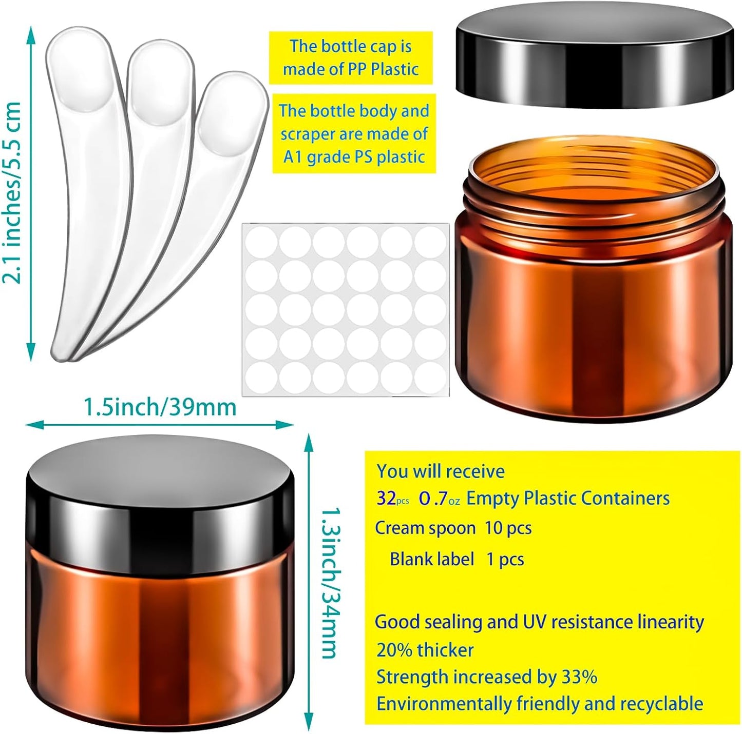 MotBach 35Pack Amber 20g Plastic Jars Containers, 20ml Travel Size Container Jars with Lids, 0.7oz Small Travel Cosmetic Container Jar for Toiletries Cream Makeup Cosmetic LipBalm Sample Powder Lotion