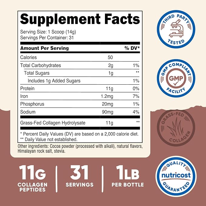 Nutricost Grass-Fed Collagen Powder 1LB (454 G) (Chocolate) - Grass Fed Bovine Collagen Hydrolysate - Collagen Peptides