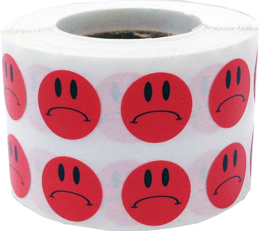 1/2" Inch Small Red Semi-Gloss Sad Face Labels, 1,000 Total Adhesive Stickers on a Roll, Perfect for Kids Classroom Incentives, Motivational Chart Use