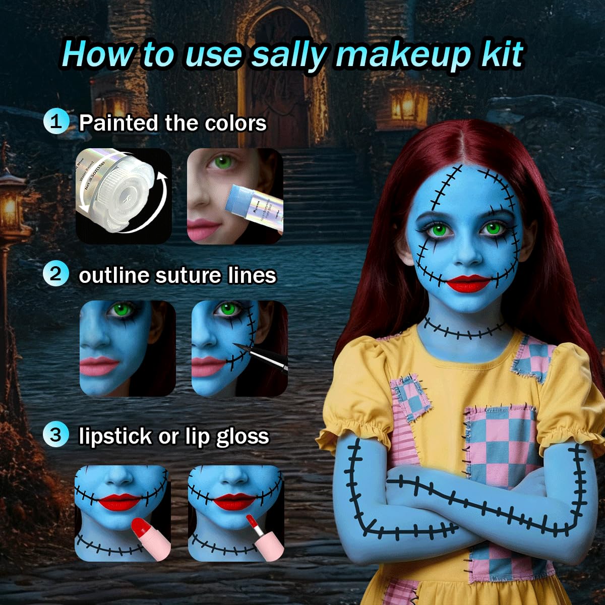 Mysense Sally Makeup Kit,Halloween Corpse Bride costume,Sally Face Cosplay Accessories for Women and Kids,Light Blue Face Paint+Red Double-Ended Lipstick+Black Eyeliner+Sponges