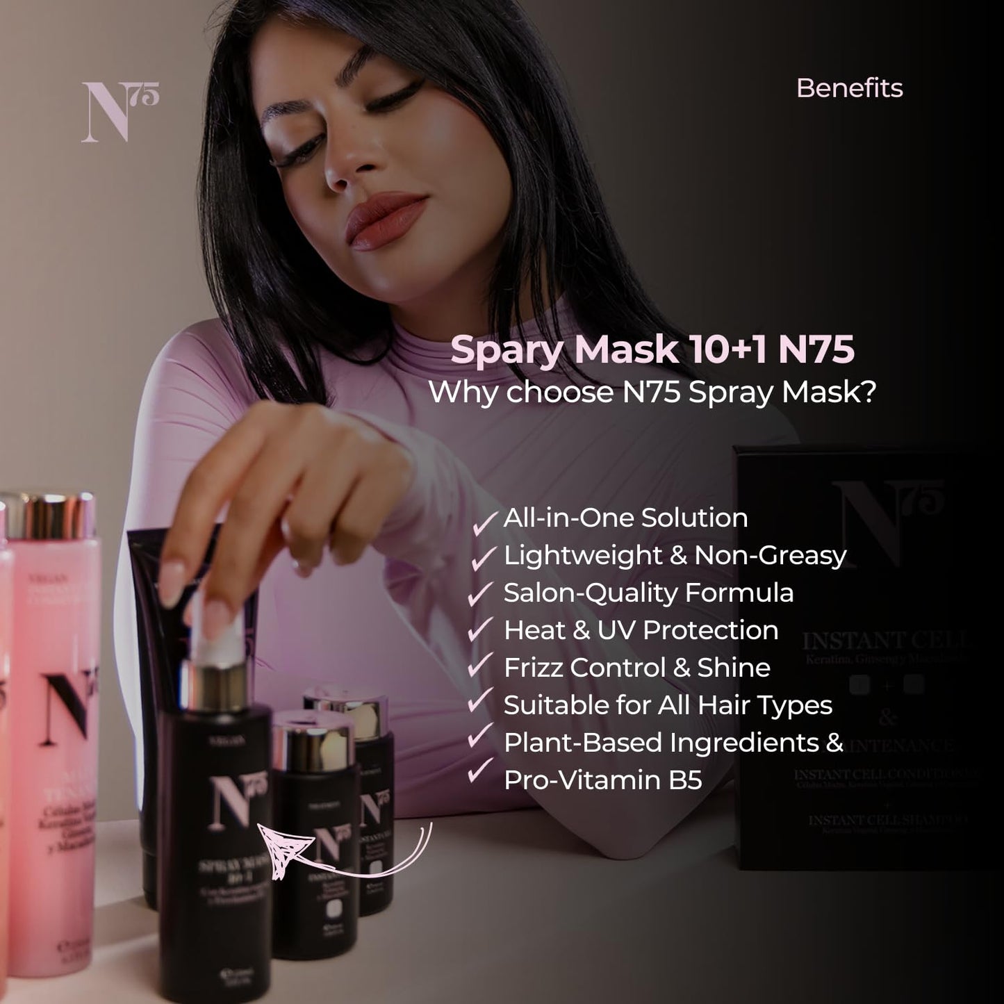 N75 10+1 Spray Mask 5.1 fl oz – Leave-in Hair Treatment with Pro-Vitamin B5 – Vegan Heat Protectant & UV Shield – Hydrating Spray for Color-Treated, Curly, Frizz-Prone or Damaged Hair