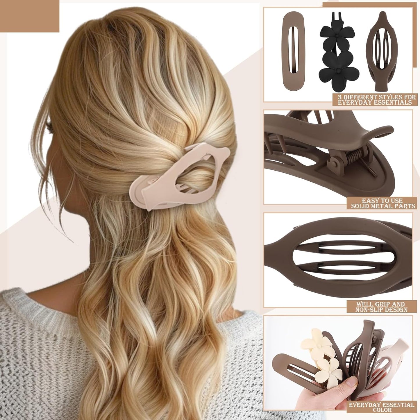 10 Pcs French Flat Hair Clips for Women - 3 Styles Non-slip Flat Claw Clips Matte Hair Claws for Thin Thick Hair