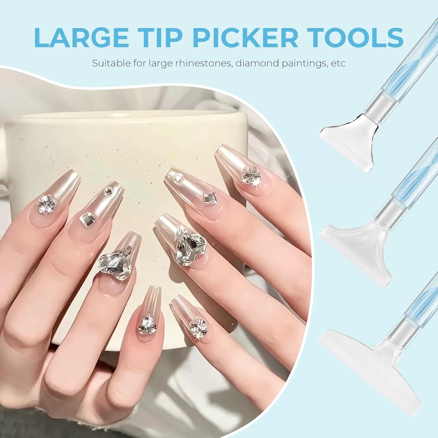 Rhinestone Picker Tool Kit: 2Pcs Rhinestone Picker Handle, Dual-Ended Rhinestones Applicator Dotting Tools Pen with 12 Upgraded Plastic Replacement Tips, Clay for DIY Nail Art Craft (Blue)