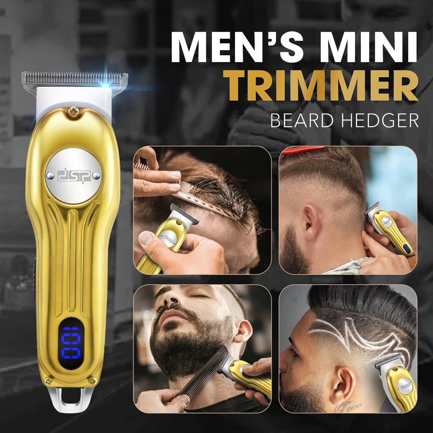 DSP Beard Trimmer for Men, Cordless Hair Clipper Shavers, Facial Hair Trimmer for Beard & Mustache Trimming, Professional Haircut Kit for Men Rechargeable LED Display (Gold)