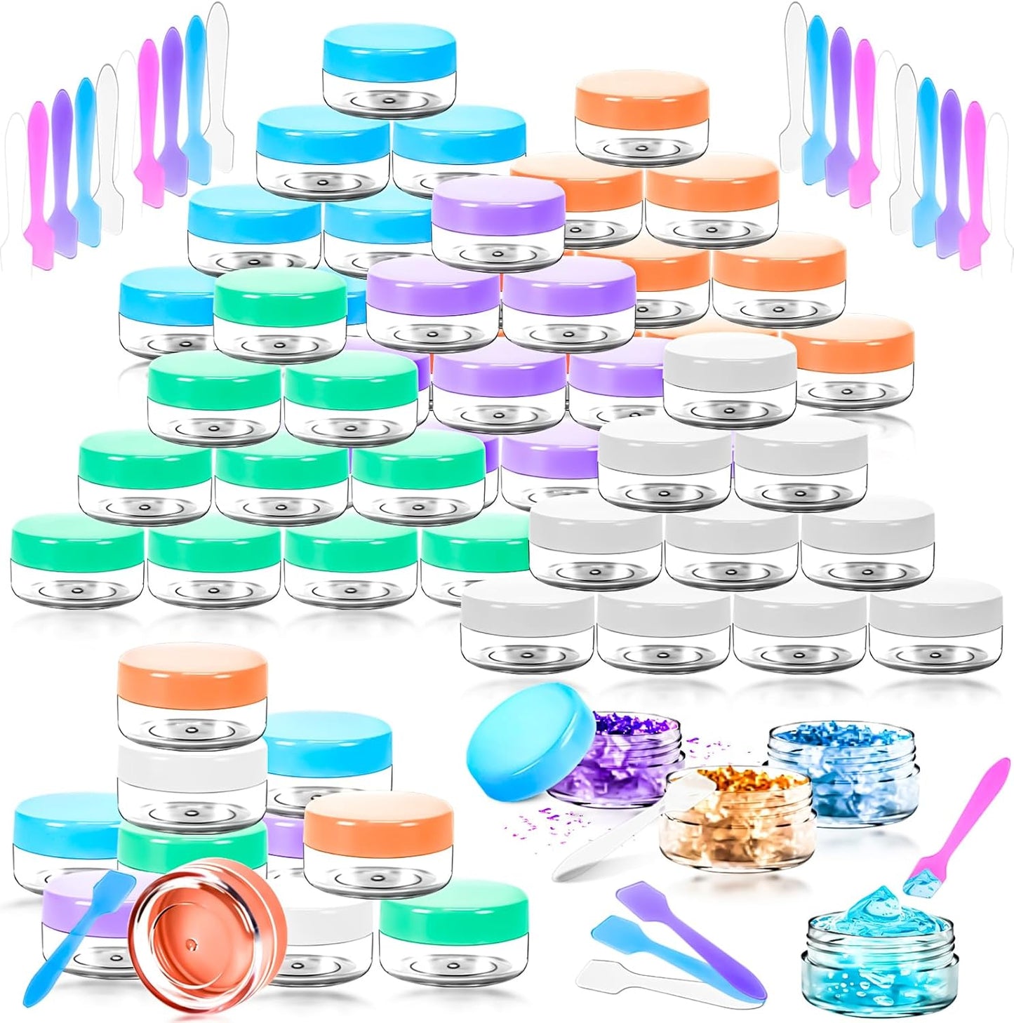 MotBach 50PCS 10g Empty Sample Containers with Colored Lids,Refillable Makeup Sample Containers, Small Sample Pot Jars Travel Makeup Containers with Mini Spatulas for Liquid Powder Creams Lotions