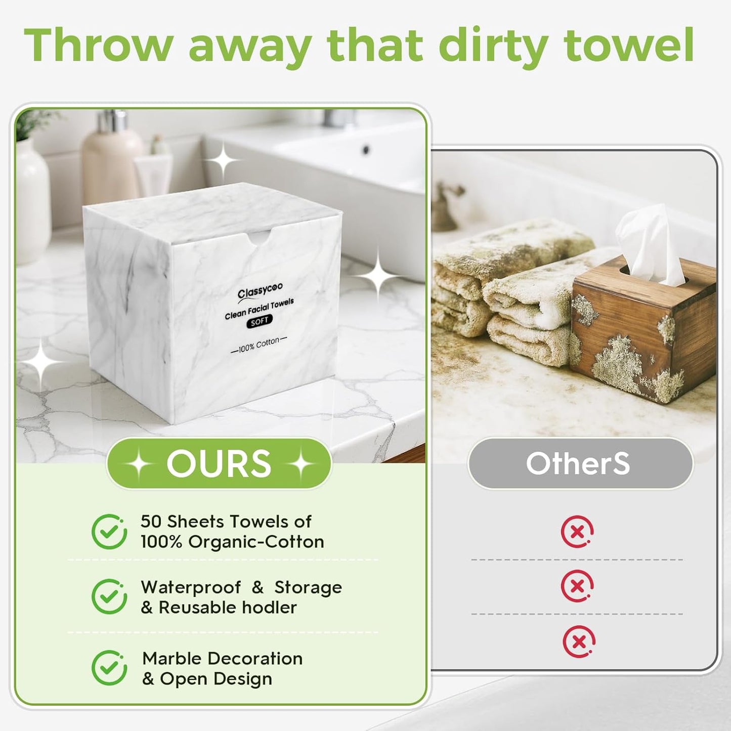 Classycoo Disposable Face Towel Holder, 50 PCS XL Clean Towels Included, Marble Acrylic Container Box for Clean Skin Club, Cotton Facial Wipes Odor-Free for Sensitive-Skin,Bathroom Cosmetic Storage