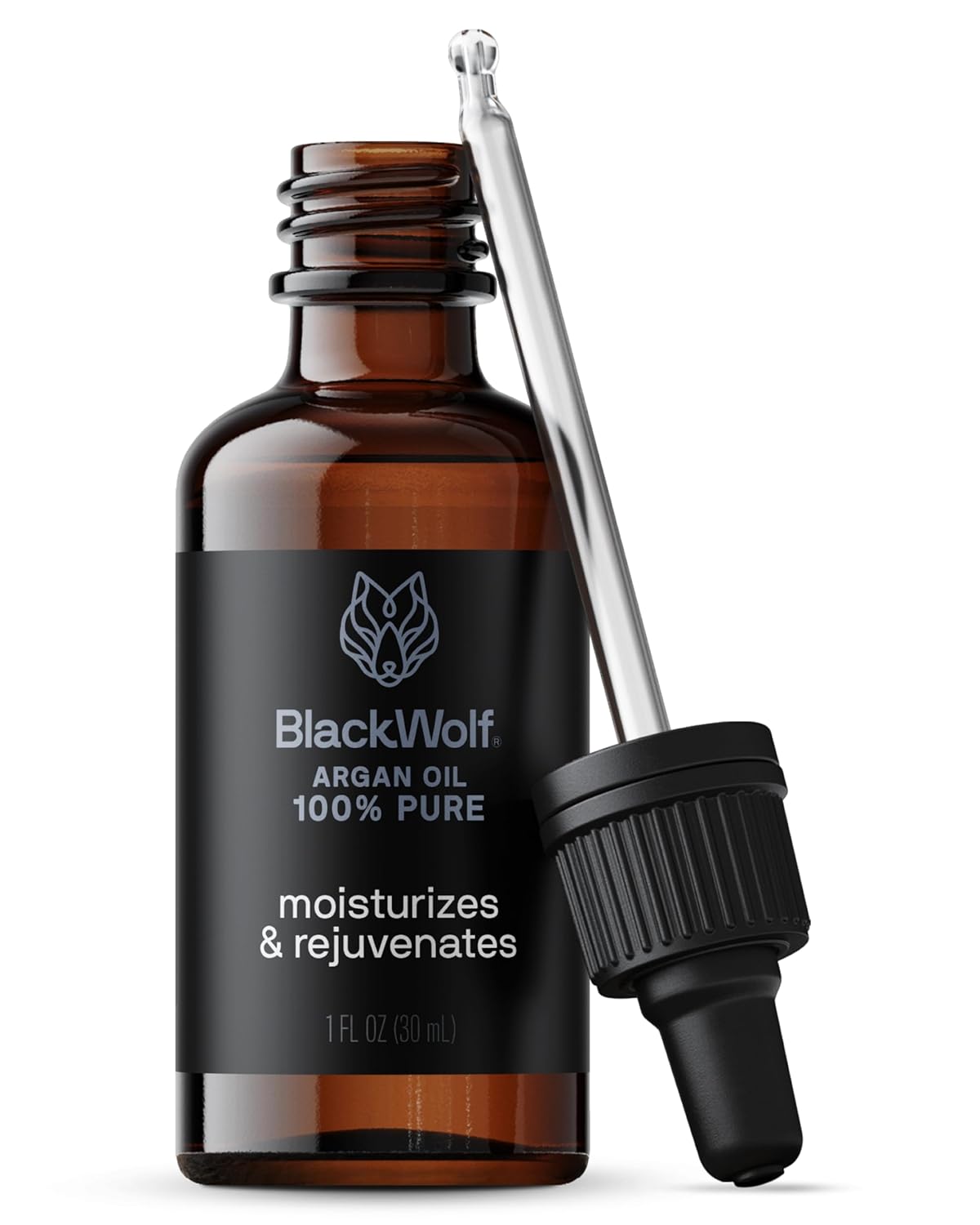 Black Wolf 100% Pure Argan Oil - Moisturizing & Rejuvenating Cold-Pressed Argan Oil for Hair, Face & Skin - Hydrating, Non-Greasy & Lightweight - Suitable for All Hair Types - 1 Fl Oz
