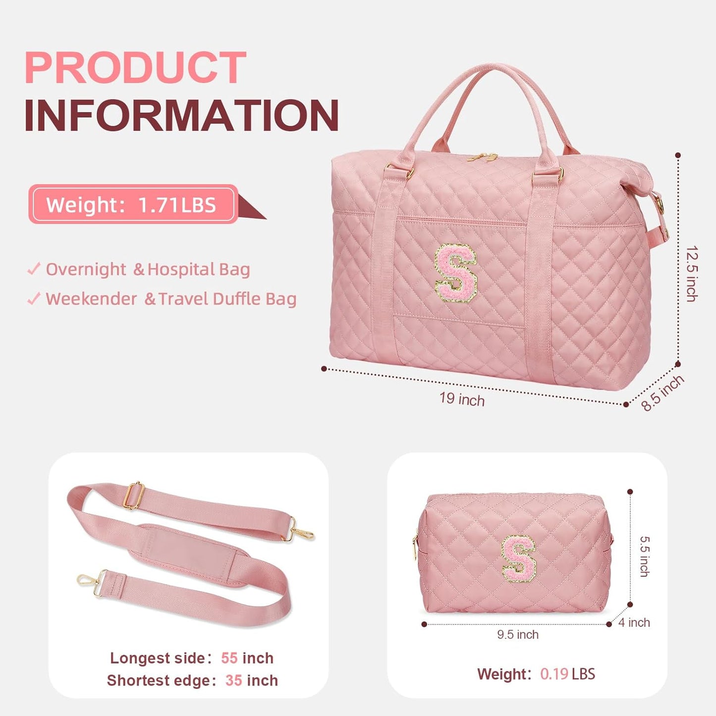 Gifts for Teen Girl, Initial Travel Duffle Bag, Personalized Women Weekender Overnight Bags, Gift for Daughter Kid Girl Wife Friend（Pink,S)