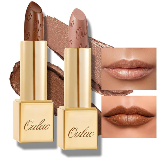 Oulac Metallic Brown & Nude Lipstick Set - 2PCS Vegan Lightweight Hydrating Formula with High Impact Lip Color for Full Coverage Lip Makeup, Christmas Gifts for Women, 08+10