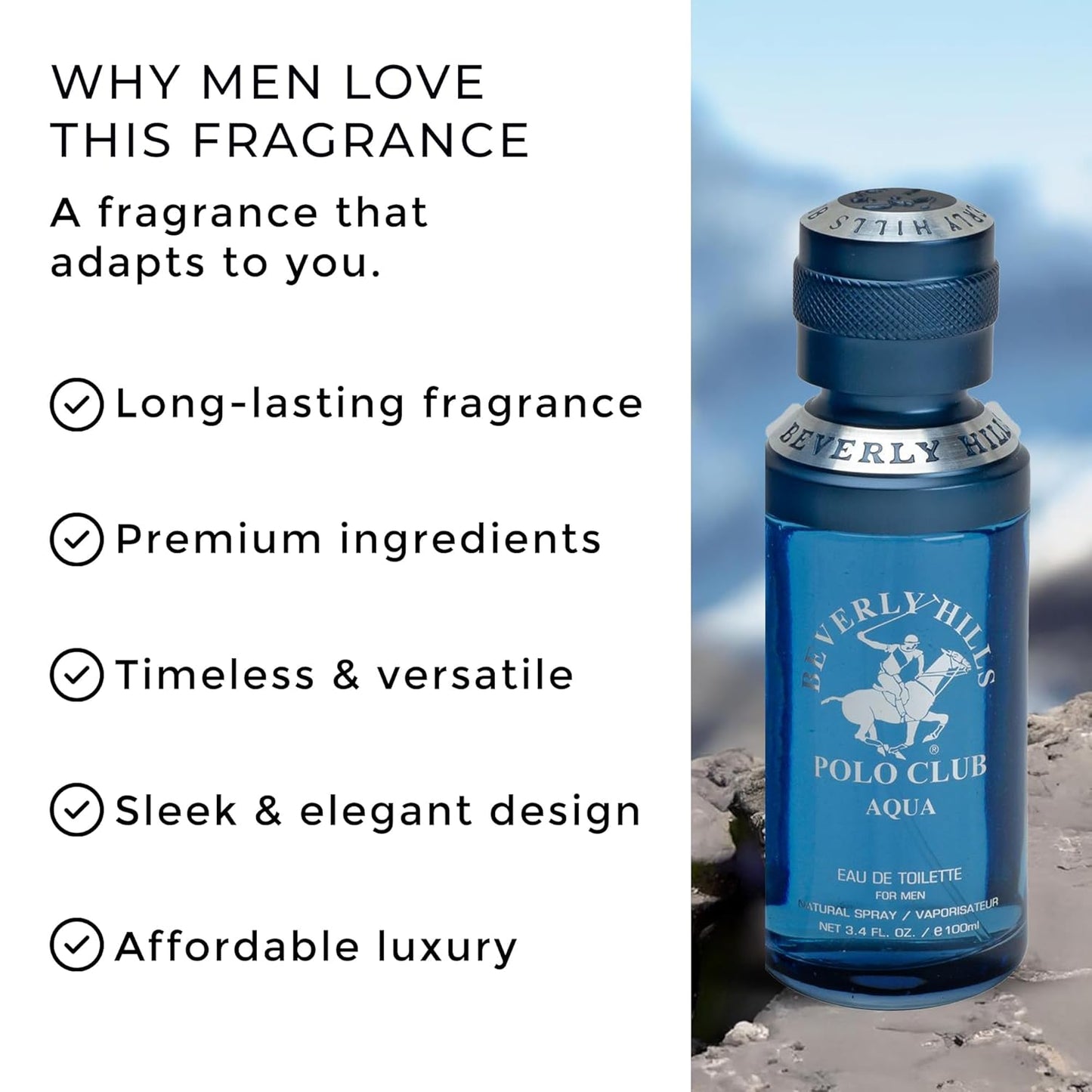 Beverly Hills Polo Club AQUA - Cologne for Men with Italian Bergamot, Green Lemon, Rosemary & Patchouli Notes - Fresh & Aquatic Fragrance Scent - Eau De Toilette Spray 3.40fl.oz / 100ml