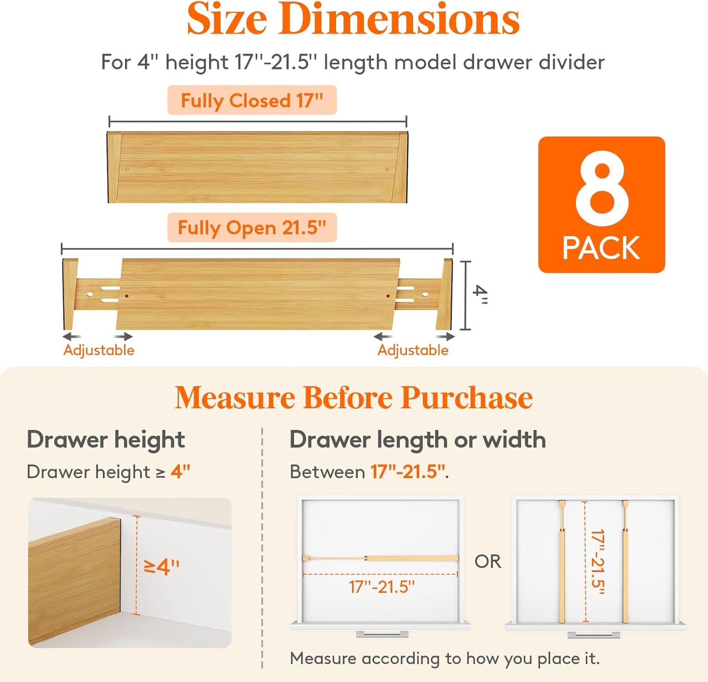 Lifewit 8 Pack 4" High Bamboo Drawer Dividers, 17-21.5" Adjustable Drawer Organizers for Clothes, Wood Dresser Drawer Divider, Expandable Deep Drawer Separators for Dresser, Kitchen, Bedroom, Bathroom