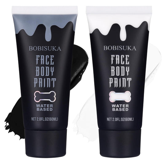 BOBISUKA Black and White Face Body Paint Kit, Water Based Face Painting for Halloween Clown Skeleton Joker Zombie Mime Sugar Skull Makeup for Women Adults, Non-Toxic Washable