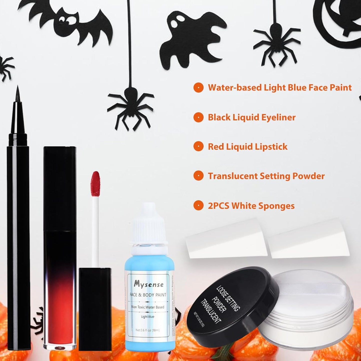 Halloween Makeup Kit for Sally Costume Women Girls Kids,Sally Face Cosplay Accessories with Light Blue Face Paint,Black Liquid Eyeliner,Red Lipstick,Clip in Hair Extensions,Setting Powder&Sponges