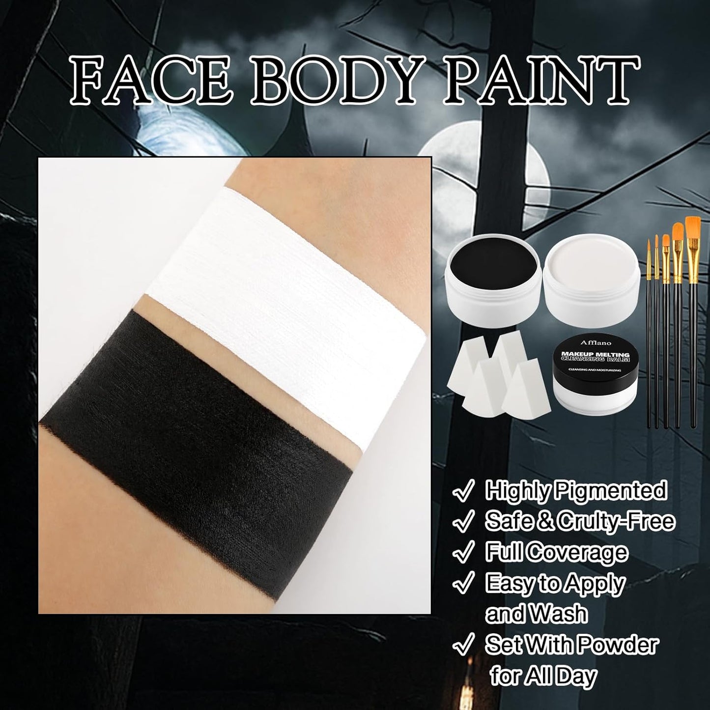 Black & White Face Paint Kit – Large 50g Oil-Based Grease Makeup Jars with Remover, 5 Brushes & 4 Sponges – Halloween, Cosplay & Stage SFX Makeup Set