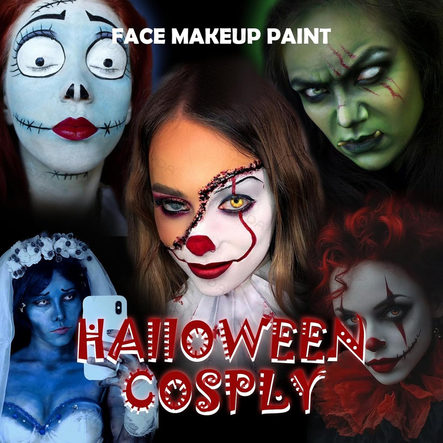 KYDA Black White Red Face Paint for Halloween Makeup, Face Body Painting Kit with Brushes for Clown Vampire Skull SFX Makeup, Costume Cosplay Party Theater Stage, Colored Eye Black for Spot Game