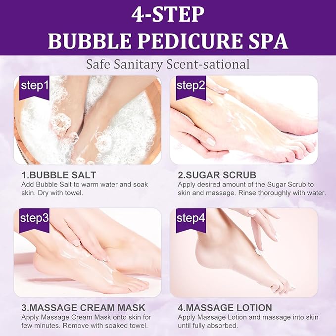 Pedicure Kit Foot Soak Set: Bubble Salt, Sugar Scrub, Massage Mask, Massage Lotion in a Box, 4 Step Foot Spa Kit for Dry Feet, Softens Calluses, Tired Feet（3 Set Lavender)
