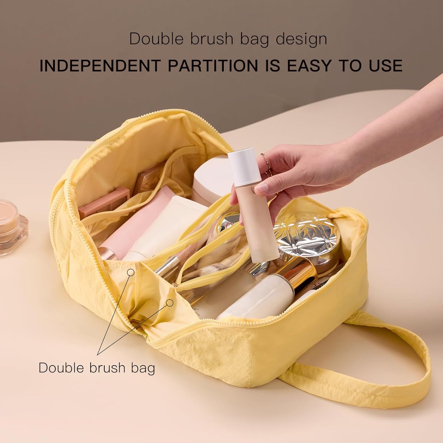 Makeup bag, Large Capacity Cosmetic Bag for Women, Portable Wide-open Toiletry Bag, Travel Makeup Bag with TPU Compartments for Accessories, Essentials, Toiletries, Makeup Brush Bag, Yellow