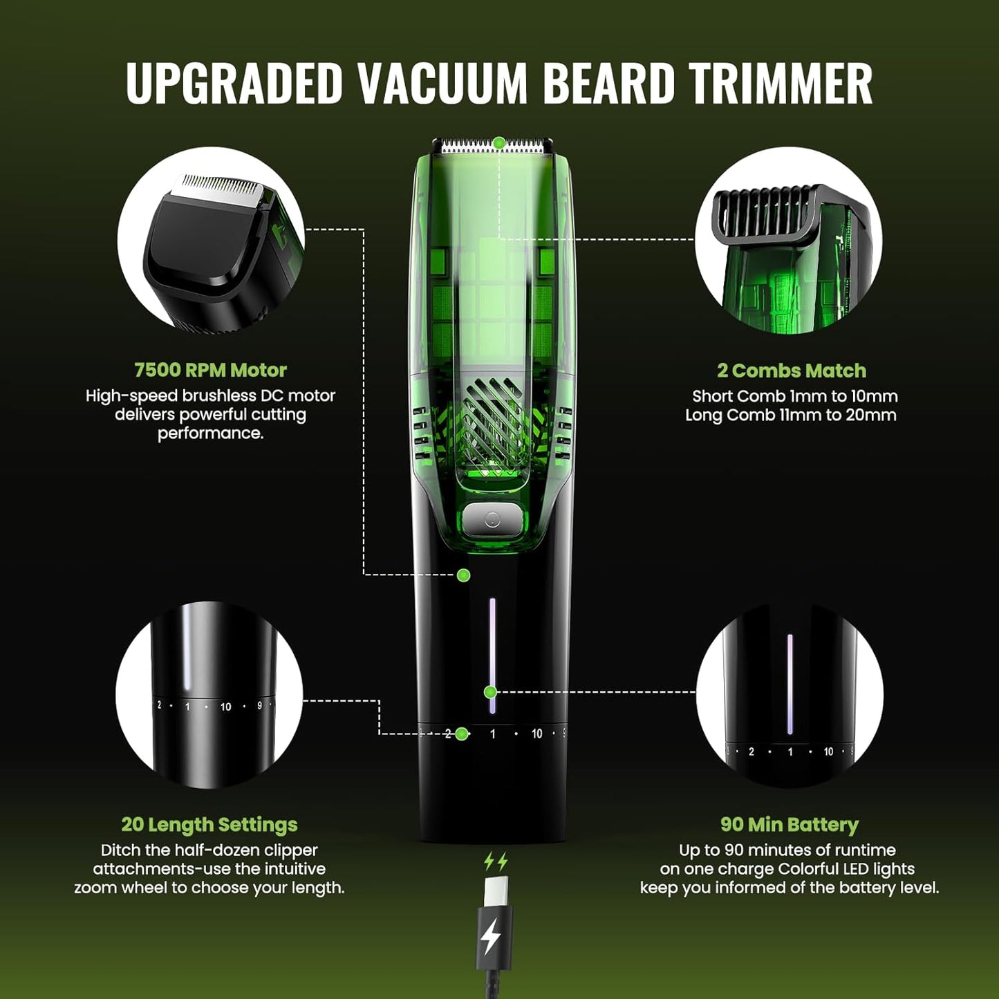Premium Beard Trimmer for Men, Men's Vacuum Electric Shaver Kit, 20 Levels Adjustable, Wet/Dry Shaver, Upgraded Stainless Steel Ceramic Blade Heads for Precision Facial Hair, Christmas Gifts for Men