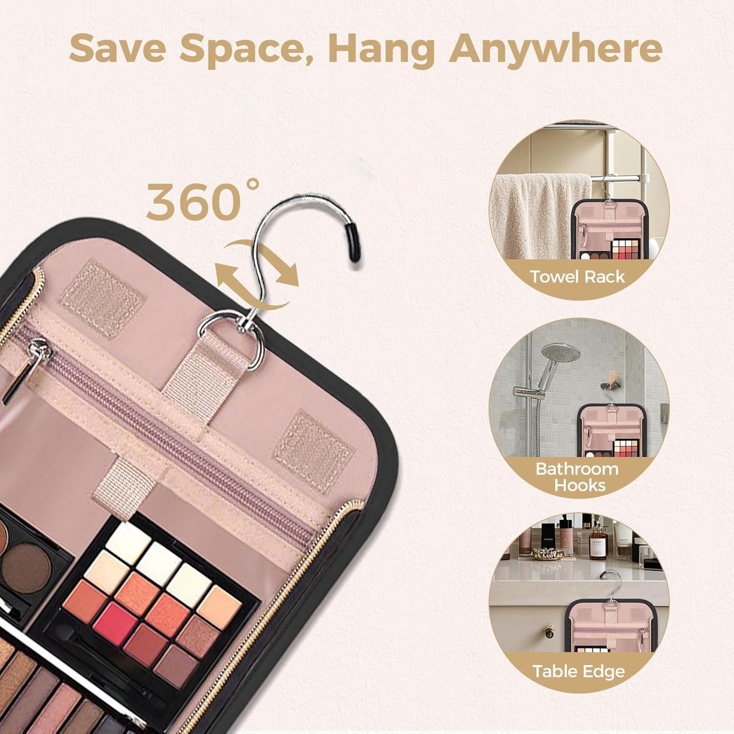 Hanging Toiletry Bag & Makeup Bag for Women with Jewelry Organizer - TSA Approved Large Capacity Travel Cosmetic Organizer, Waterproof Shower Essentials Case with Transparent Pockets, Black