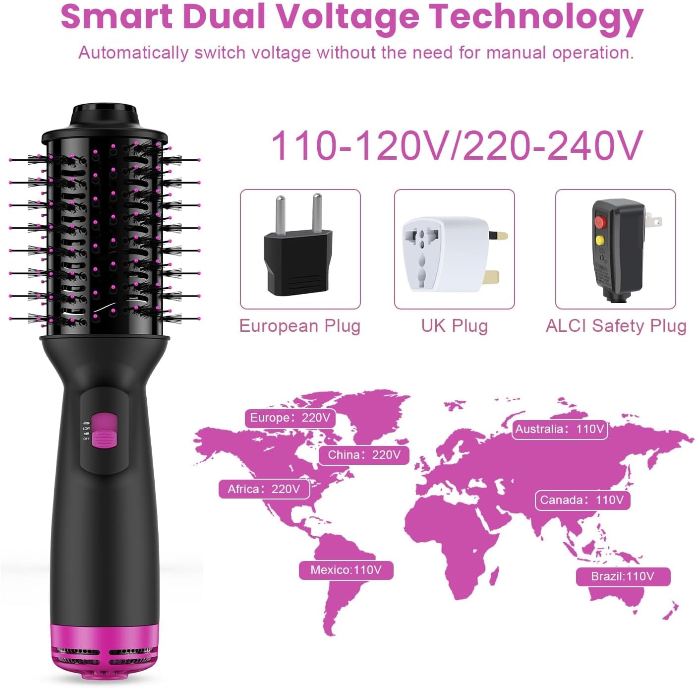 Dual Voltage Mini Hair Dryer Brush with UK/EU Plug, Blow Dryer Brushes 120V - 240V for European Travel, One Step Hair Dryer and Styler Volumizer with Negative Ion Anti-frizz Styling Brush