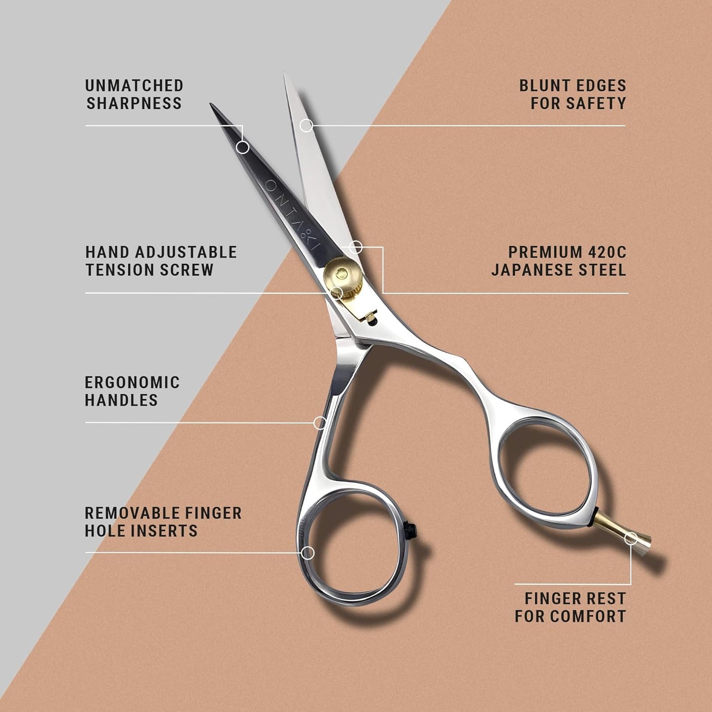 Ontaki Hair Scissors for Beard & Mustache - 5.5" 420C Japanese Steel, Silver, Right Hand - Hand-Forged Hair Cutting Scissors with Ergonomic Handles - Includes Beard Comb with Handle & PU Leather Pouch