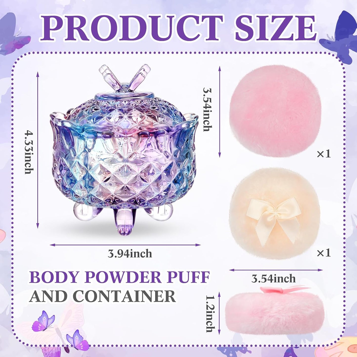 Tioncy 3 Pcs Large Body Powder Puff and Container Powder Container with Puff Powder Puff Crystal Container Soft Washable Reusable Velour Face Body Glitter Powder Puff Wet Dry Makeup(Butterfly, Purple)