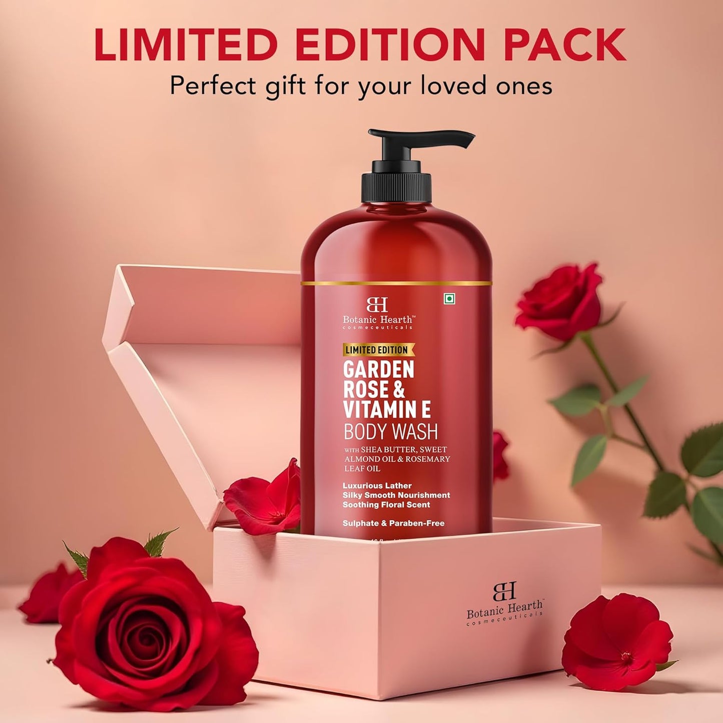 Botanic Hearth Garden Rose & Vitamin E Body Wash | Limited Edition, With Shea Butter, Sweet Almond Oil & Rosemary Leaf Oil 16 Fl Oz (473 Ml) | Sulphate & Paraben|Free, Luxurious Lather