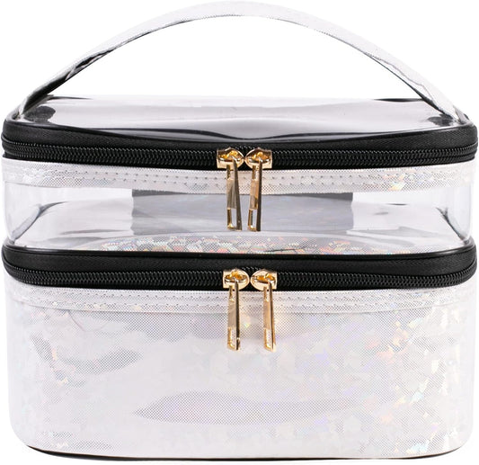 FITINI Makeup Bags Double Layer Travel Storage Cosmetic Cases Make up Organizer Toiletry Bags Water-resistant for Women Makeup Brush Bag (White Holographic)