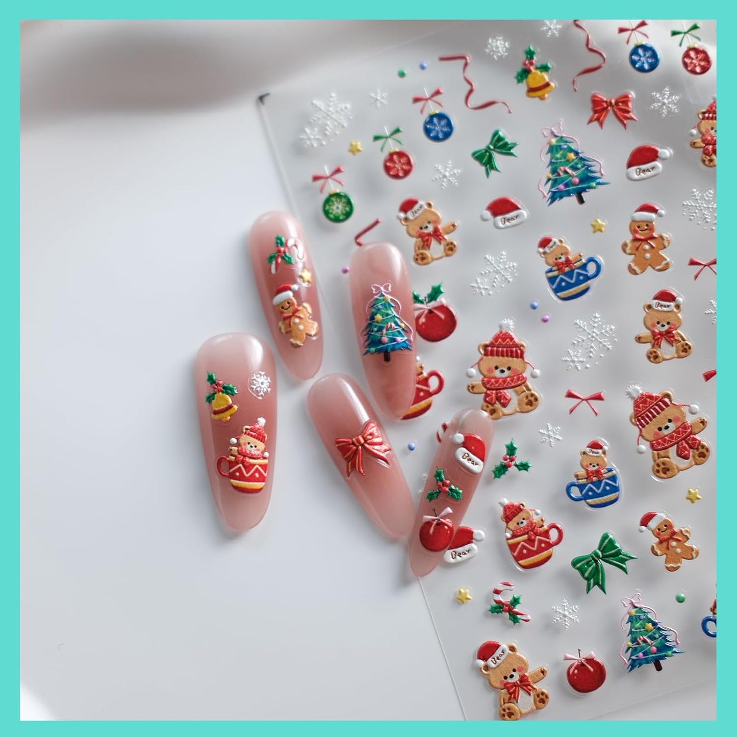 Christmas Bear Nail Stickers, Embossed Decals, Cute Design, Accessories for Women, Self-Adhesive Nail Art Supplies