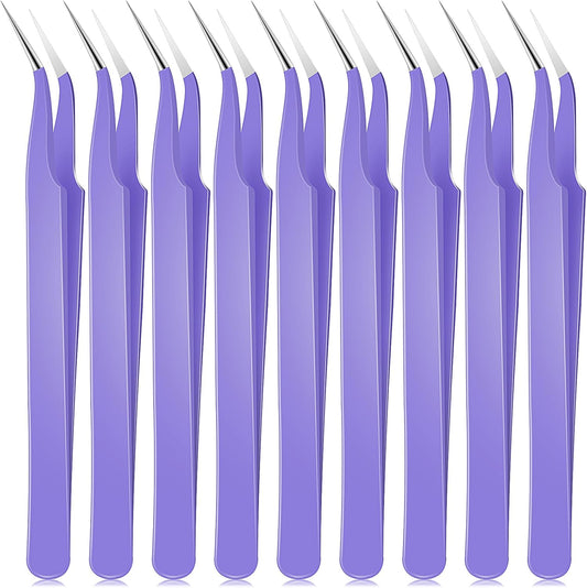Honoson 9 Pieces Curved Pointed Craft Tweezers Stainless Steel Precision Tweezer with Protective Cover for Rhinestones Dried Flowers Craft Stickers Eyelash Extension Jewelry Making(Purple)