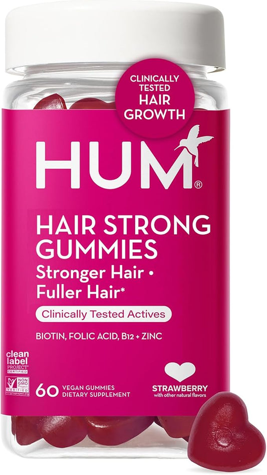 HUM Hair Strong - Daily Gummies with Biotin to Improve Hair Growth - Fo Ti, Folic Acid, Zinc, Vitamin B12 & PABA to Support Healthy Hair, Skin and Nails for Women and Men (60-Count)