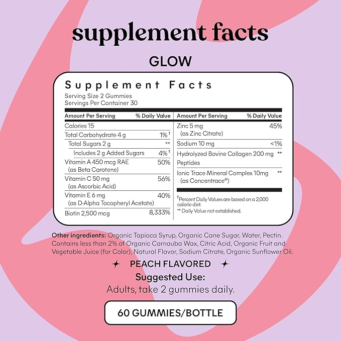 Lemme Glow Collagen Gummies for Thick Hair, Strong Nails & Healthy Skin with Multi-Collagen Peptides, Biotin, Trace Minerals, Zinc, Vitamins A, C & E, Dairy & Gluten Free, Peach Flavor, 60 ct.