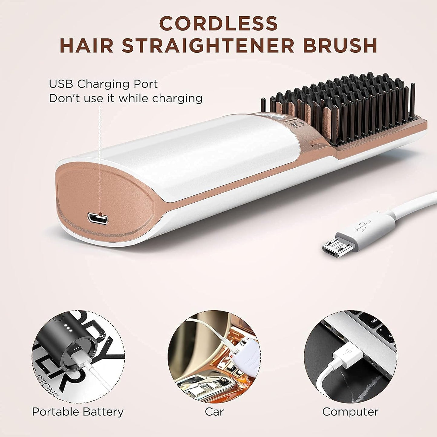 Hot Hair Straightener Brush,Portable Mini Cordless Hair Straightener with Travel Size USB Rechargeable 6400MAH,2 in 1 Hot Comb Hair Straightener for Women & Men with Short Hair(White)