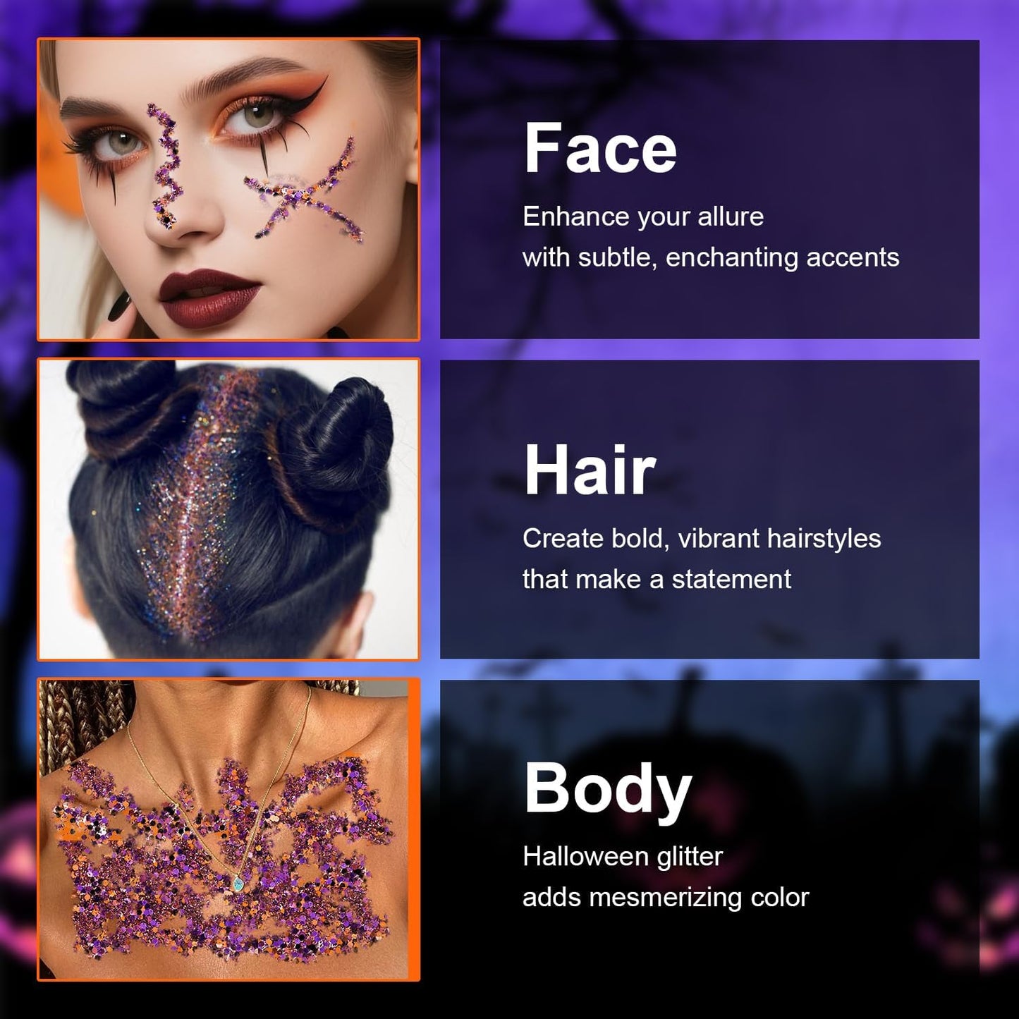 Halloween Body Glitter Stick, Black Purple and Orange Face Glitter Accessories for Rumi Costume and Rumi Cosplay, Waterproof Face Hair Glitter Makeup, Hallows' Eve Glitter Makeup for Kids and Women